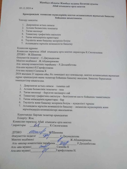Тамақтанудың сапасына мониторинг жүргізуін тексеру Хаттама №5