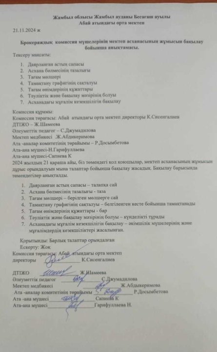 Тамақтанудың сапасына мониторинг жүргізін тексеру Хаттама №4