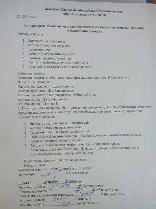 Брокераждық комиссия мүшелерінің мектепасханасының жұмысын бақылау бойынша анықтамас