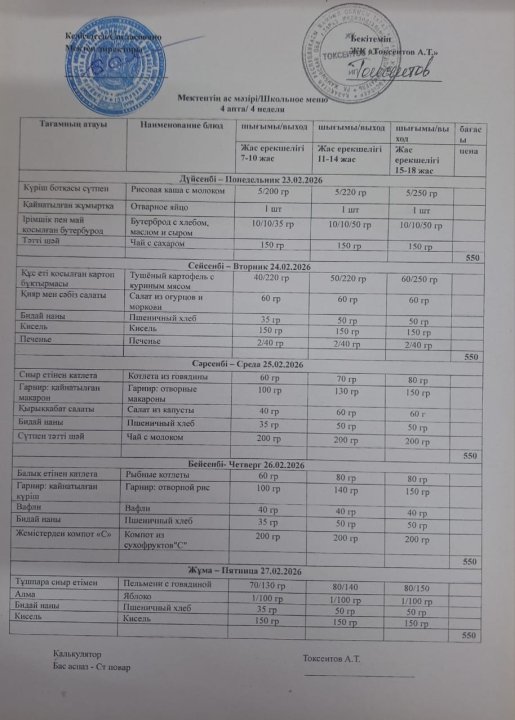 Апталық ас мәзір
