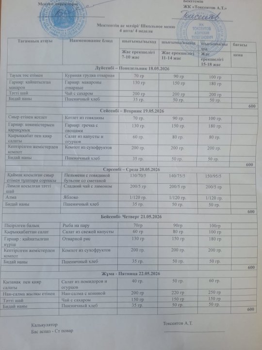 Апталық  ас мәзірі