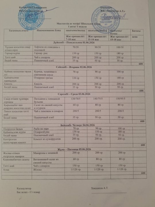 Апталық ас мәзірі
